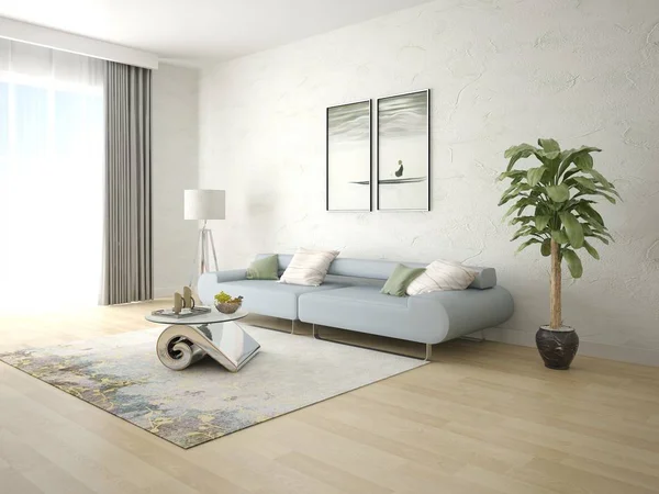 Mock Uma Sala Estar Brilhante Com Sofá Compacto Gesso Decorativo — Fotografia de Stock