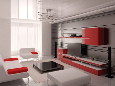 Yüksek teknoloji ile oturma odası modern fonksiyonel mobilya ve modaya uygun arka plan.