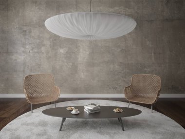 İki rahat koltuklar ve bir hipster arka plan ile birlikte modern bir oturma odası kadar alay.