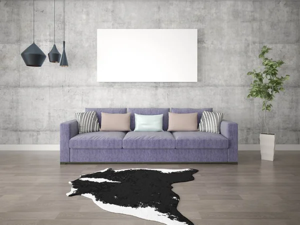 Mock up a stylish living room with a purple sofa and hipster background.