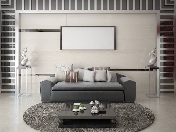 Mock up the ground-setting living room with a stylish sofa and modern interior.