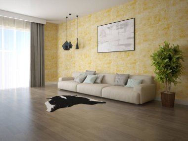 Model, geniş açık bej koltuklu ve şık dekoratif alçılı şık bir oturma odası..