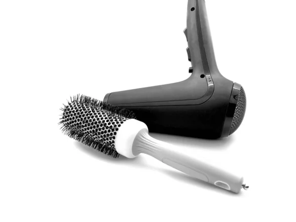 Black Hair Dryer White Big Comb Isolated White Background Modern — Stock Photo, Image