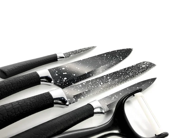 Set Professional Black Knives Peeler Isolated White Background Composition Chef — Stock Photo, Image