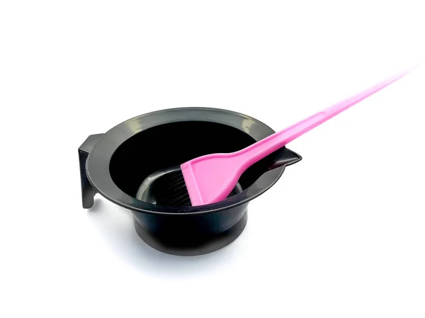 Empty Paint Bowl Pink Brush Isolated White Background Hairdressing Set — Stock Photo, Image