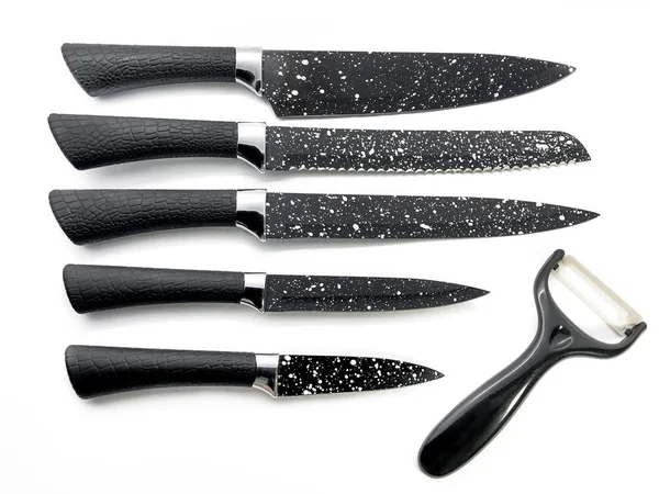 Set Professional Black Knives Peeler Isolated White Background Composition Chef — Stock Photo, Image