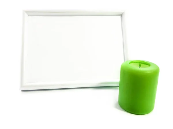 Moldura Foto Branca Vela Verde Isolada Fundo Branco Conjunto Moldura — Fotografia de Stock