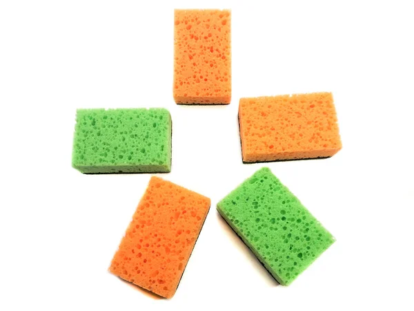 Kitchen Washcloths Isolated White Background Composition Orange Green Sponges Washcloths — ストック写真