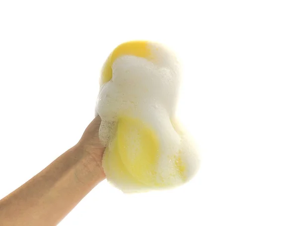 Żółta Gąbka Dłoni Odizolowana Białym Tle Duży Ręcznik Piance Mydlanej — Zdjęcie stockowe