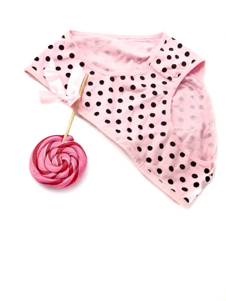 Lollipop Underpant Rosa Aislados Sobre Fondo Blanco Composición Cobardes Dulces Fotos De Stock
