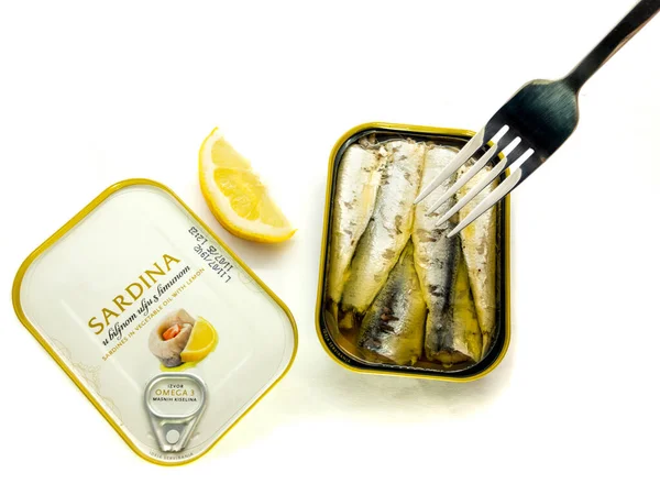 Sardina Tenedor Limón Aislados Sobre Fondo Blanco Set Tenedor Conservas — Foto de Stock