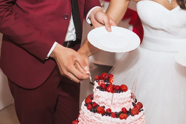 Paret på bröllopet skär vacker tårta — Stockfoto