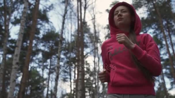 Jovem menina bonita se aquecendo antes de uma corrida no parque — Vídeo de Stock