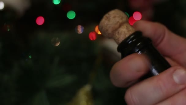 Człowiek, otwarcie butelki szampana podczas świąt Bożego Narodzenia — Wideo stockowe