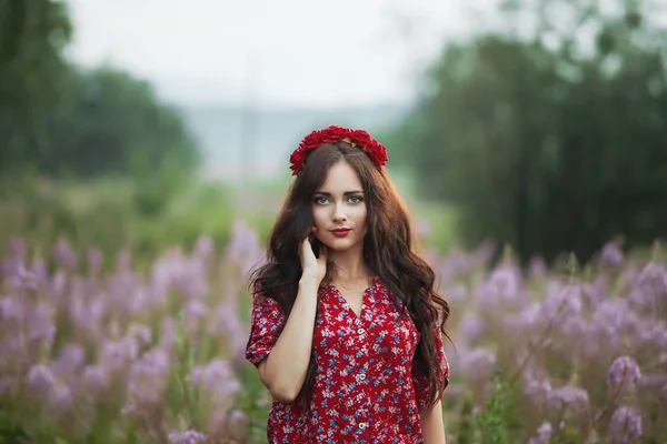 Menina bonita em um campo sobre as cores de fundo — Fotografia de Stock