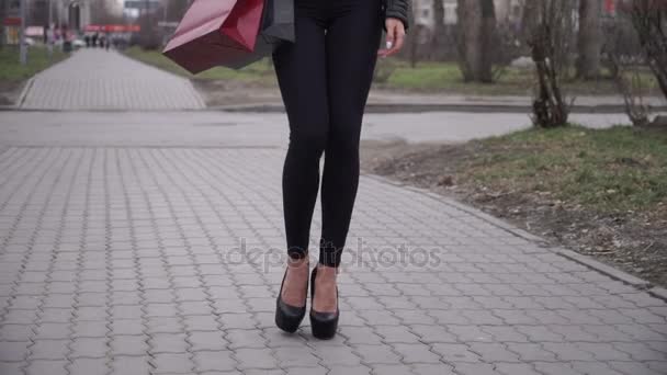 Retrato de mulher feliz depois de fazer compras na cidade — Vídeo de Stock