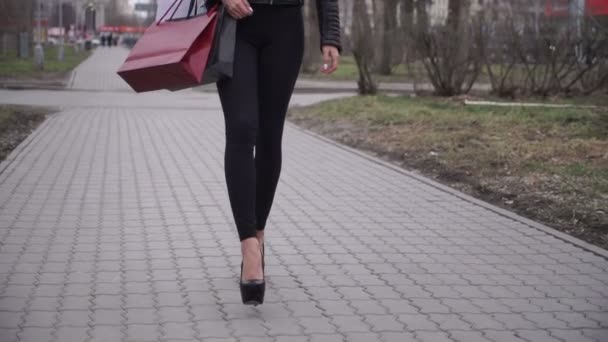 Retrato de mujer feliz después de ir de compras por la ciudad — Vídeos de Stock