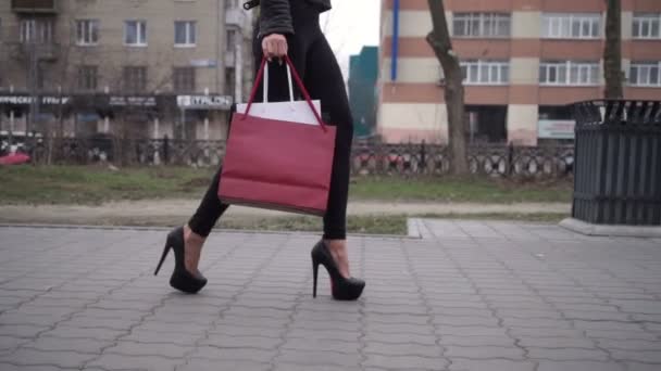 Portrét šťastné ženy po nakupování ve městě — Stock video