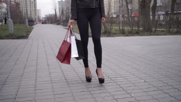 Porträtt av lycklig kvinna efter shopping i staden — Stockvideo