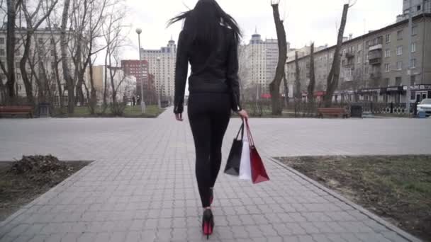 Şehirde alışveriş sonra mutlu kadın portresi — Stok video