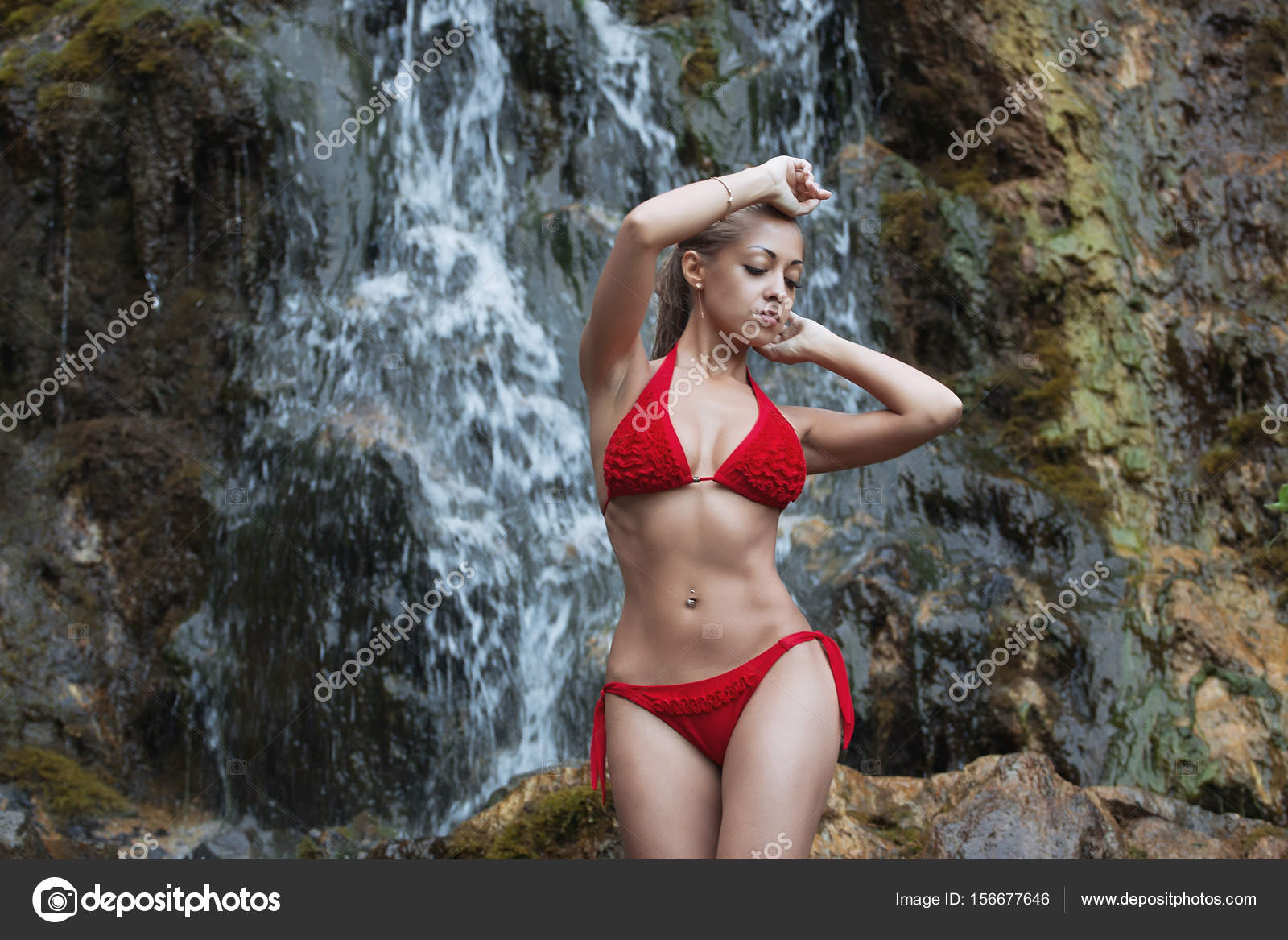 Girl In Swimsuit At The Waterfall Stock Photo 3kstudio 156677646