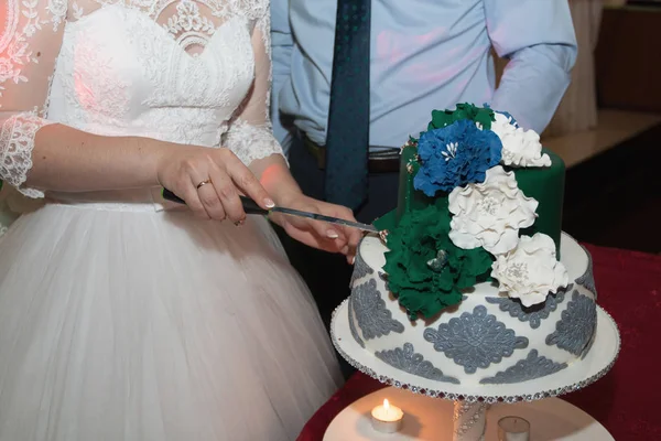 Elegante bastante joven novia y novio cortar el pastel de boda —  Fotos de Stock