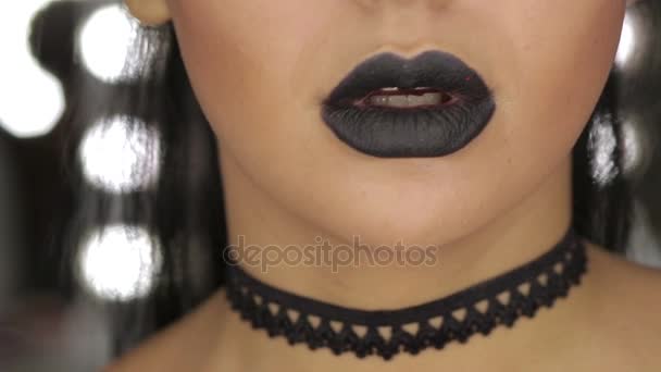 High Fashion Beauty Model Girl with Black Make up and Long Lushes. Black Lips. — Stock Video