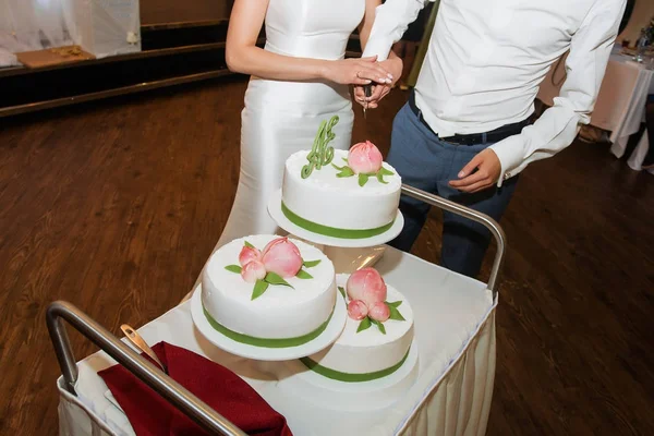 Elegante muito jovem noiva e noivo cortar o bolo de casamento — Fotografia de Stock