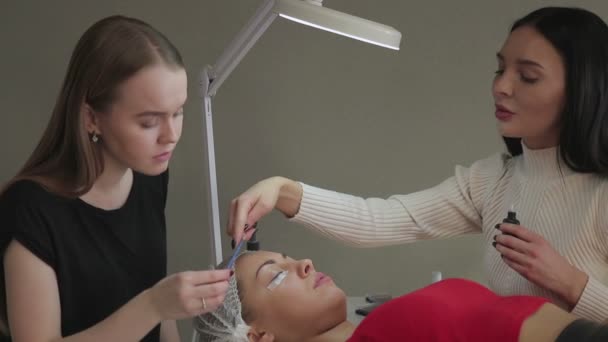 Mujer joven que trabaja en extensiones de pestañas — Vídeo de stock