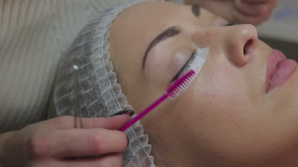 Wimpernverlängerungsverfahren. Frauenauge mit langen Wimpern. — Stockvideo