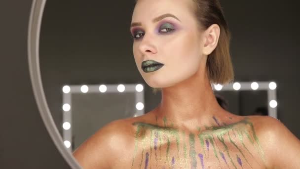 Fashion Green Sexy Lips and Closeup. Open Mouth. Make up concept. Kiss — Stock Video