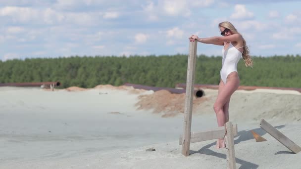 Anmutige Frau windet sich auf Zehenspitzen um Holzpfosten — Stockvideo