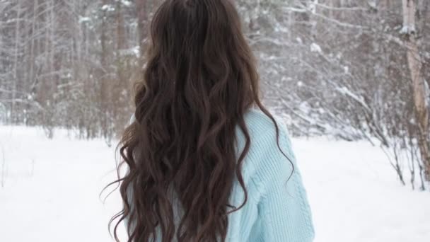 Stílusos fiatal nő sétál felé téli erdő — Stock videók