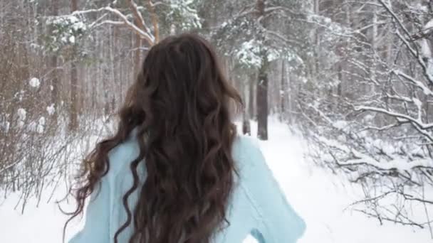 Стильная молодая женщина, идущая в сторону зимнего леса — стоковое видео