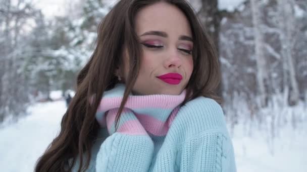 Όμορφη γυναίκα σε χιονισμένη εξοχή — Αρχείο Βίντεο