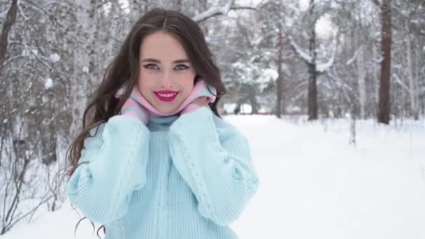 Jeune femme élégante marchant vers la forêt d'hiver — Video