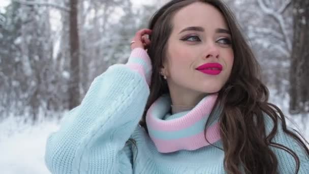 Hermosa mujer en el campo nevado — Vídeos de Stock