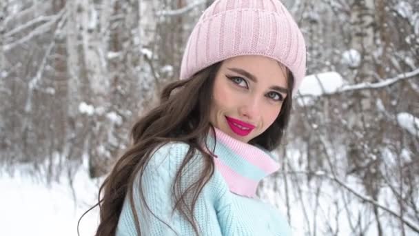 Hermosa mujer en el campo nevado — Vídeo de stock