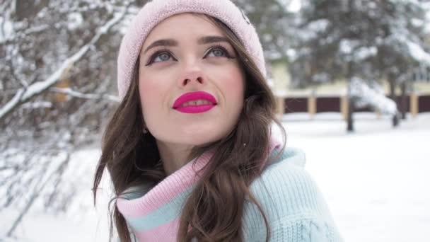 Beautiful woman in snowy countryside — Stock Video