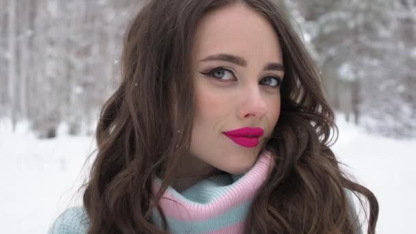 Kaunis nainen luminen maaseudulla — kuvapankkivideo