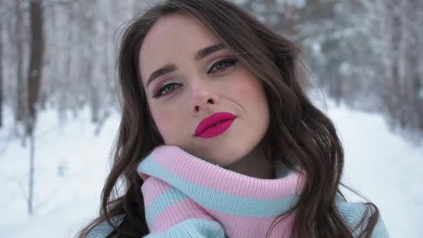 Vacker kvinna i snöig landsbygd — Stockvideo