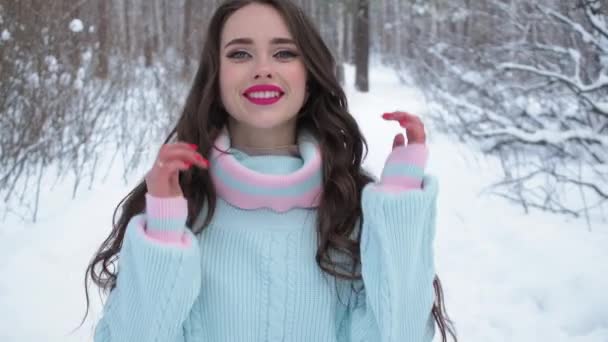 Elegante joven mujer caminando hacia el bosque de invierno — Vídeos de Stock