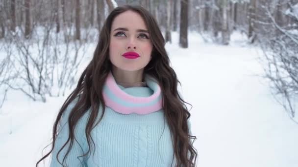 Elegante joven mujer caminando hacia el bosque de invierno — Vídeo de stock