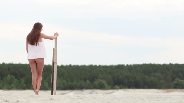Seksowny szczupły kobieta uwodzicielsko podnoszenie nogi w drewniany support — Wideo stockowe