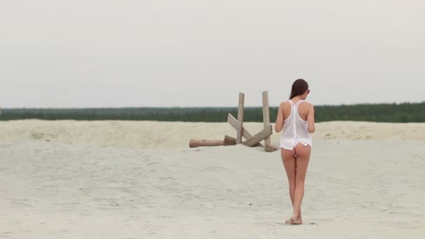 Sensual mujer caminando a lo largo de la playa de puntillas mostrando trajes de baño — Vídeos de Stock