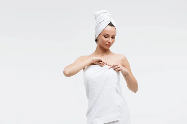 Sensual Woman Fluffy White Towel Head Looking Finger Touching Towel — Stock Photo, Image