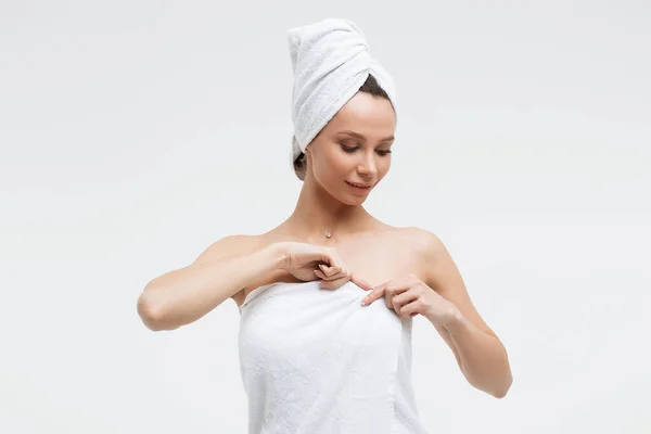 Sensual Woman Fluffy White Towel Head Looking Finger Touching Towel — Stock Photo, Image