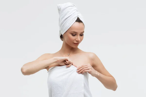 Sensual Woman Fluffy White Towel Head Looking Finger Touching Towel — Stock Photo, Image