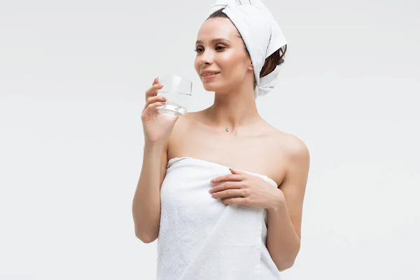 Charming Pleasant Woman Fluffy White Towel Head Glass Clean Water — Stock Photo, Image