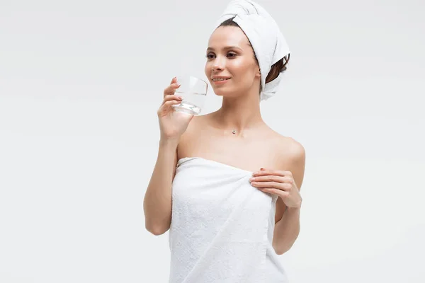 Charming Pleasant Woman Fluffy White Towel Head Glass Clean Water — Stock Photo, Image